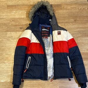 Superdry Hooded Puffer Jacket Colorblock Red White Blue Mountain Print L